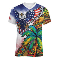Caribbean American Together Women V-Neck T-Shirt USA Flag Eagle and Coloful Palm Tree - Wonder Print Shop