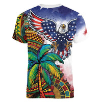 Caribbean American Together Women V-Neck T-Shirt USA Flag Eagle and Coloful Palm Tree - Wonder Print Shop