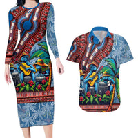 Afro-Caribbean Couples Matching Long Sleeve Bodycon Dress and Hawaiian Shirt African Dashiki Style with Caribbean Music with Blue Iguanas - Wonder Print Shop