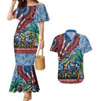 Afro-Caribbean Couples Matching Mermaid Dress and Hawaiian Shirt African Dashiki Style with Caribbean Music with Blue Iguanas - Wonder Print Shop
