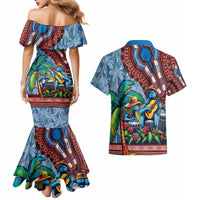 Afro-Caribbean Couples Matching Mermaid Dress and Hawaiian Shirt African Dashiki Style with Caribbean Music with Blue Iguanas - Wonder Print Shop