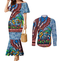 Afro-Caribbean Couples Matching Mermaid Dress and Long Sleeve Button Shirt African Dashiki Style with Caribbean Music with Blue Iguanas - Wonder Print Shop