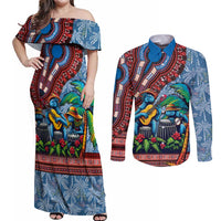 Afro-Caribbean Couples Matching Off Shoulder Maxi Dress and Long Sleeve Button Shirt African Dashiki Style with Caribbean Music with Blue Iguanas - Wonder Print Shop