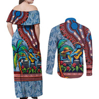 Afro-Caribbean Couples Matching Off Shoulder Maxi Dress and Long Sleeve Button Shirt African Dashiki Style with Caribbean Music with Blue Iguanas - Wonder Print Shop