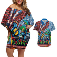 Afro-Caribbean Couples Matching Off Shoulder Short Dress and Hawaiian Shirt African Dashiki Style with Caribbean Music with Blue Iguanas - Wonder Print Shop