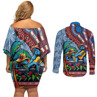 Afro-Caribbean Couples Matching Off Shoulder Short Dress and Long Sleeve Button Shirt African Dashiki Style with Caribbean Music with Blue Iguanas - Wonder Print Shop