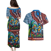 Afro-Caribbean Couples Matching Puletasi and Hawaiian Shirt African Dashiki Style with Caribbean Music with Blue Iguanas - Wonder Print Shop