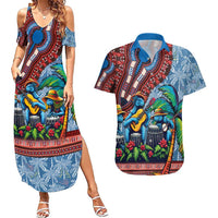 Afro-Caribbean Couples Matching Summer Maxi Dress and Hawaiian Shirt African Dashiki Style with Caribbean Music with Blue Iguanas - Wonder Print Shop