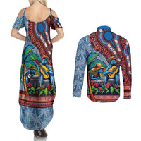 Afro-Caribbean Couples Matching Summer Maxi Dress and Long Sleeve Button Shirt African Dashiki Style with Caribbean Music with Blue Iguanas - Wonder Print Shop