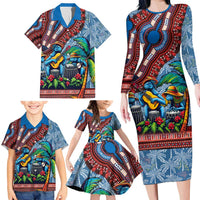 Afro-Caribbean Family Matching Long Sleeve Bodycon Dress and Hawaiian Shirt African Dashiki Style with Caribbean Music with Blue Iguanas - Wonder Print Shop