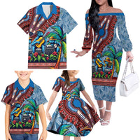 Afro-Caribbean Family Matching Off The Shoulder Long Sleeve Dress and Hawaiian Shirt African Dashiki Style with Caribbean Music with Blue Iguanas - Wonder Print Shop