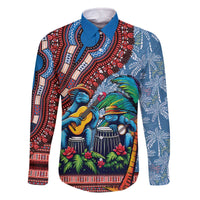 Afro-Caribbean Family Matching Off The Shoulder Long Sleeve Dress and Hawaiian Shirt African Dashiki Style with Caribbean Music with Blue Iguanas - Wonder Print Shop