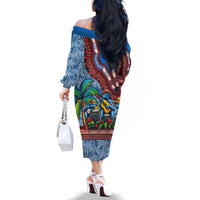 Afro-Caribbean Family Matching Off The Shoulder Long Sleeve Dress and Hawaiian Shirt African Dashiki Style with Caribbean Music with Blue Iguanas - Wonder Print Shop