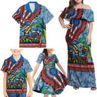 Afro-Caribbean Family Matching Off Shoulder Maxi Dress and Hawaiian Shirt African Dashiki Style with Caribbean Music with Blue Iguanas - Wonder Print Shop