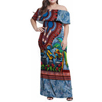 Afro-Caribbean Family Matching Off Shoulder Maxi Dress and Hawaiian Shirt African Dashiki Style with Caribbean Music with Blue Iguanas - Wonder Print Shop
