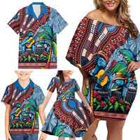 Afro-Caribbean Family Matching Off Shoulder Short Dress and Hawaiian Shirt African Dashiki Style with Caribbean Music with Blue Iguanas - Wonder Print Shop