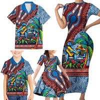 Afro-Caribbean Family Matching Short Sleeve Bodycon Dress and Hawaiian Shirt African Dashiki Style with Caribbean Music with Blue Iguanas - Wonder Print Shop