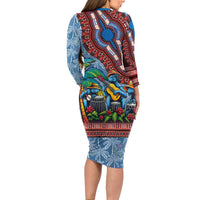 Afro-Caribbean Long Sleeve Bodycon Dress African Dashiki Style with Caribbean Music with Blue Iguanas - Wonder Print Shop
