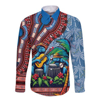 Afro-Caribbean Long Sleeve Button Shirt African Dashiki Style with Caribbean Music with Blue Iguanas - Wonder Print Shop