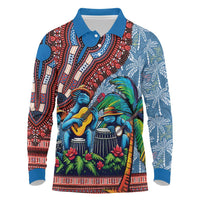 Afro-Caribbean Long Sleeve Polo Shirt African Dashiki Style with Caribbean Music with Blue Iguanas - Wonder Print Shop