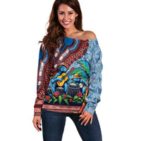 Afro-Caribbean Off Shoulder Sweater African Dashiki Style with Caribbean Music with Blue Iguanas - Wonder Print Shop