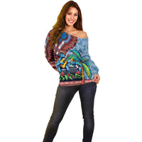 Afro-Caribbean Off Shoulder Sweater African Dashiki Style with Caribbean Music with Blue Iguanas - Wonder Print Shop