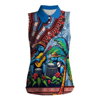Afro-Caribbean Women Sleeveless Polo Shirt African Dashiki Style with Caribbean Music with Blue Iguanas - Wonder Print Shop