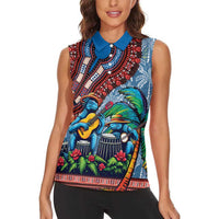 Afro-Caribbean Women Sleeveless Polo Shirt African Dashiki Style with Caribbean Music with Blue Iguanas - Wonder Print Shop