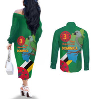 Dominica Independence Day Couples Matching Off The Shoulder Long Sleeve Dress and Long Sleeve Button Shirt Imperial Amazon With National Flag and Map