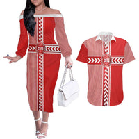 Custom Denmark National Football Couples Matching Off The Shoulder Long Sleeve Dress and Hawaiian Shirt The Red and Whites Sporty Style - Wonder Print Shop