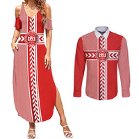 Custom Denmark National Football Couples Matching Summer Maxi Dress and Long Sleeve Button Shirt The Red and Whites Sporty Style - Wonder Print Shop