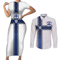 Custom Finland National Football Couples Matching Short Sleeve Bodycon Dress and Long Sleeve Button Shirt Pine Trees with Diamond Shapes - Wonder Print Shop