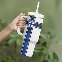 Custom Finland National Football Tumbler With Handle Pine Trees with Diamond Shapes - Wonder Print Shop