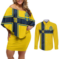 Custom Sweden National Football Couples Matching Off Shoulder Short Dress and Long Sleeve Button Shirt Glory The Blue and Yellow - Wonder Print Shop