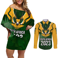 Personalised South Africa Rugby Couples Matching Off Shoulder Short Dress and Long Sleeve Button Shirt Springbok Mascot History Champion World Rugby 2023 - Wonder Print Shop