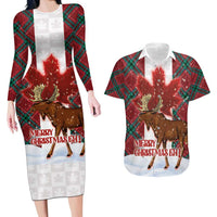 Canadian Christmas - Moose and Maple Retro Style Couples Matching Long Sleeve Bodycon Dress and Hawaiian Shirt - Wonder Print Shop