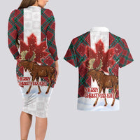 Canadian Christmas - Moose and Maple Retro Style Couples Matching Long Sleeve Bodycon Dress and Hawaiian Shirt - Wonder Print Shop