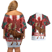 Canadian Christmas - Moose and Maple Retro Style Couples Matching Off Shoulder Short Dress and Hawaiian Shirt - Wonder Print Shop