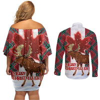 Canadian Christmas - Moose and Maple Retro Style Couples Matching Off Shoulder Short Dress and Long Sleeve Button Shirt - Wonder Print Shop