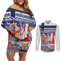 Yule Goat Joulupukki Finnish Christmas Couples Matching Off Shoulder Short Dress and Long Sleeve Button Shirt Scandinavian Pattern - Wonder Print Shop