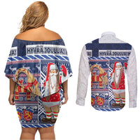 Yule Goat Joulupukki Finnish Christmas Couples Matching Off Shoulder Short Dress and Long Sleeve Button Shirt Scandinavian Pattern - Wonder Print Shop