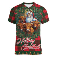 Santa and Higland Cows Scottish Christmas Women V-Neck T-Shirt Tartan Pattern - Wonder Print Shop