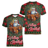 Santa and Higland Cows Scottish Christmas Women V-Neck T-Shirt Tartan Pattern - Wonder Print Shop