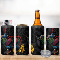 New Zealand Tui Birds Love Couple 4 in 1 Can Cooler Tumbler The Heart of Silver Fern Leaves and Maori Tattoo Pattern - Wonder Print Shop