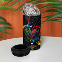 New Zealand Tui Birds Love Couple 4 in 1 Can Cooler Tumbler The Heart of Silver Fern Leaves and Maori Tattoo Pattern - Wonder Print Shop