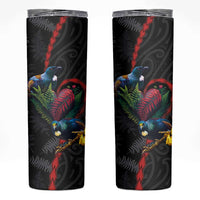 New Zealand Tui Birds Love Couple Skinny Tumbler The Heart of Silver Fern Leaves and Maori Tattoo Pattern - Wonder Print Shop