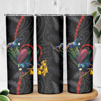 New Zealand Tui Birds Love Couple Skinny Tumbler The Heart of Silver Fern Leaves and Maori Tattoo Pattern - Wonder Print Shop