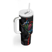 New Zealand Tui Birds Love Couple Tumbler With Handle The Heart of Silver Fern Leaves and Maori Tattoo Pattern - Wonder Print Shop