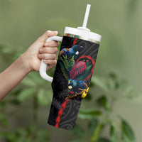 New Zealand Tui Birds Love Couple Tumbler With Handle The Heart of Silver Fern Leaves and Maori Tattoo Pattern - Wonder Print Shop