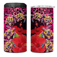 Pasifika Festival 4 in 1 Can Cooler Tumbler Plumeria Turtles with Hibiscus - Polynesian Art Tattoo Pink Color - Wonder Print Shop